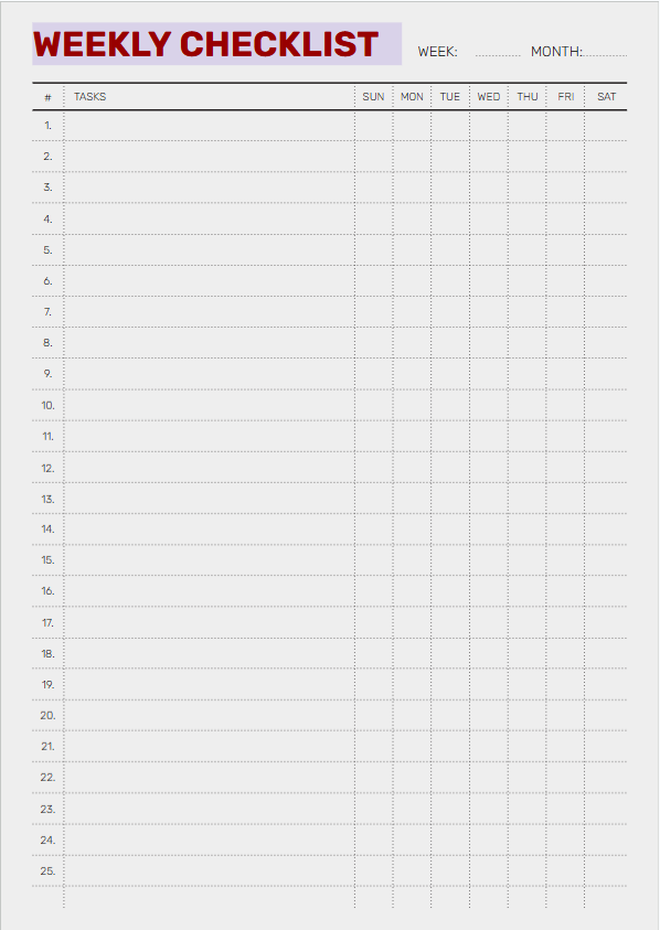 Weekly Checklist - Free Checklists Template for Google Docs