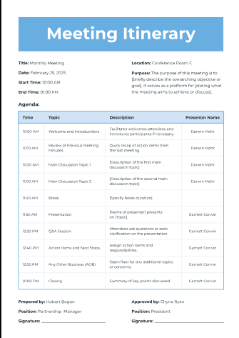 Meeting Itinerary - Free Meeting Agendas Template for Google Docs
