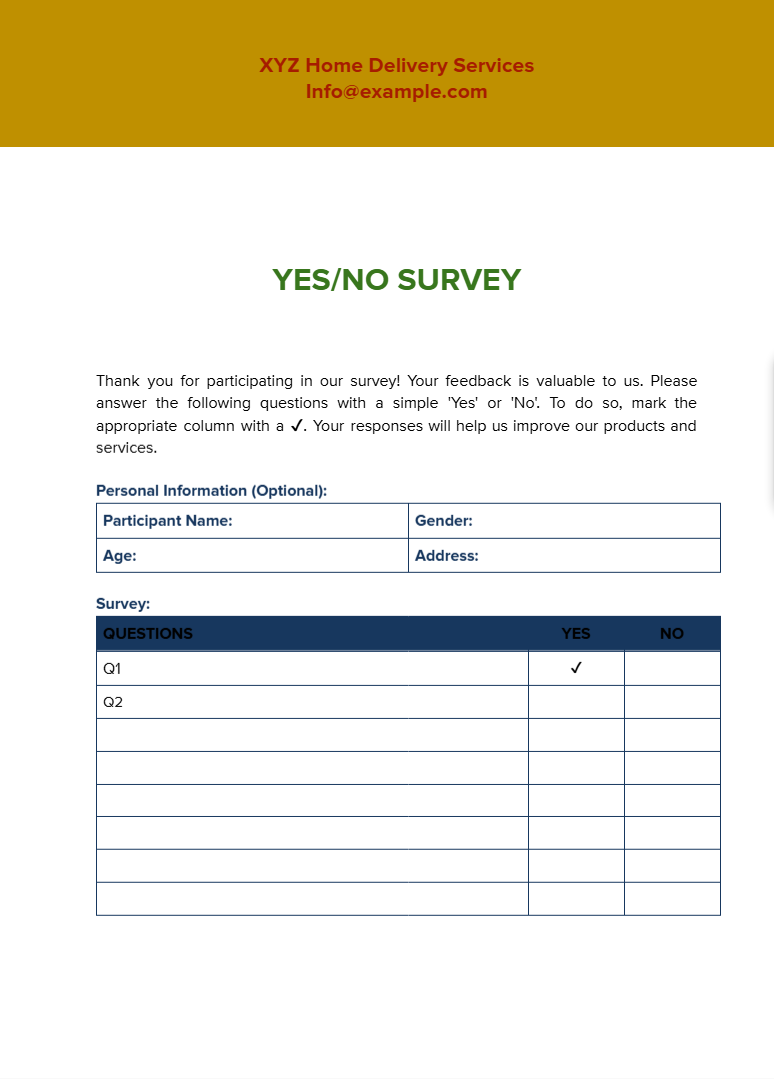 Yes/No Survey Yes/No Survey - Free Surveys Template for Google Docs