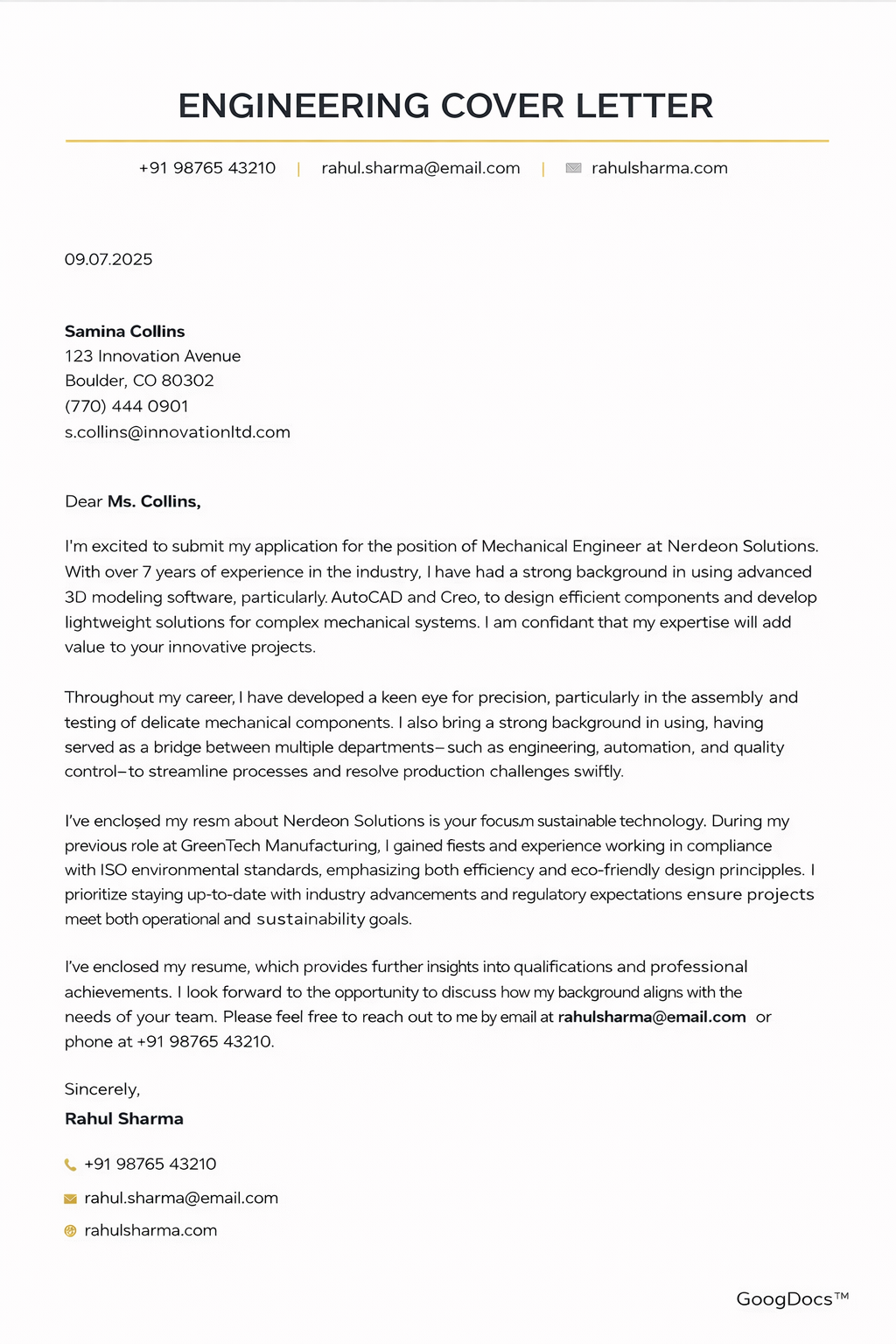Engineering Cover Letter Engineering Cover Letter - Free Cover Letters Template for Google Slides