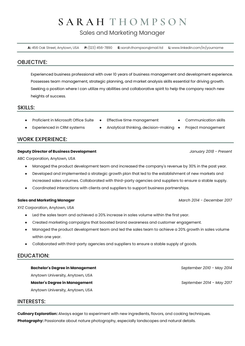 Sales and Marketing Resume - Free Resumes Template for Google Docs