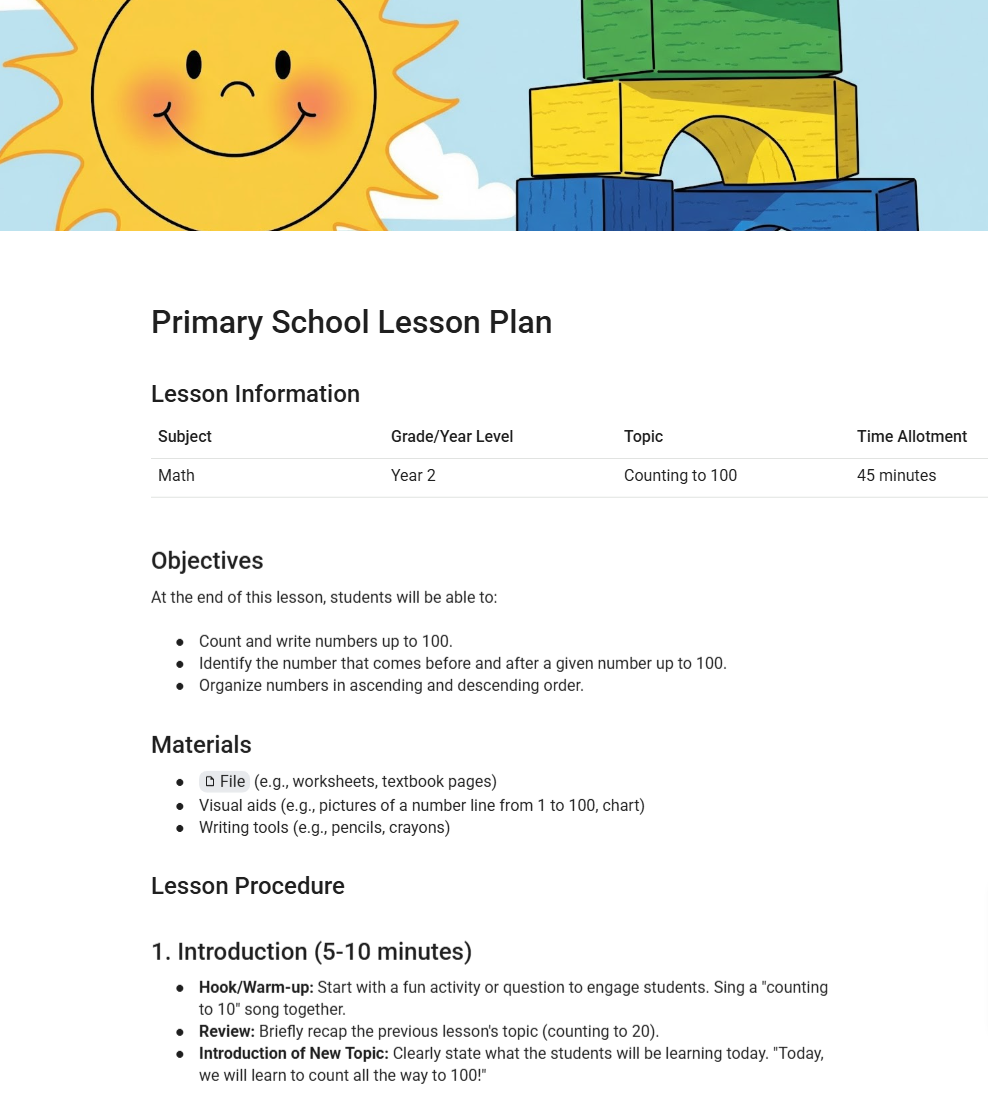 Primary School Lesson Plan - Free Lesson Plans Template for Google Docs