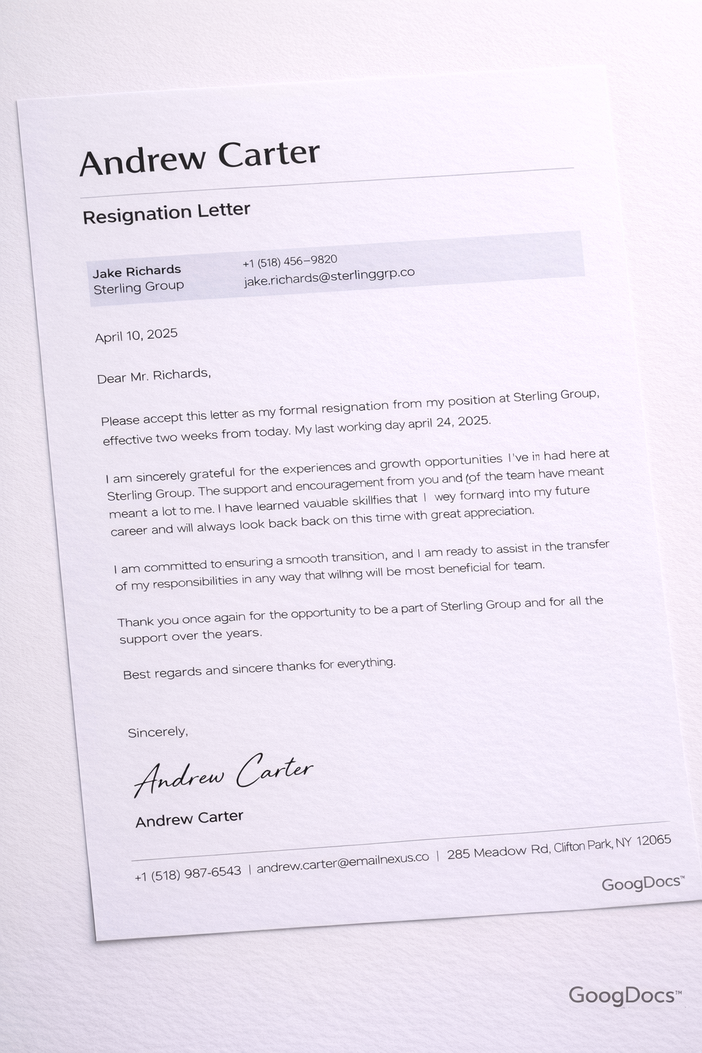 Professional Resignation Letter - Free Letters Template for Google Slides