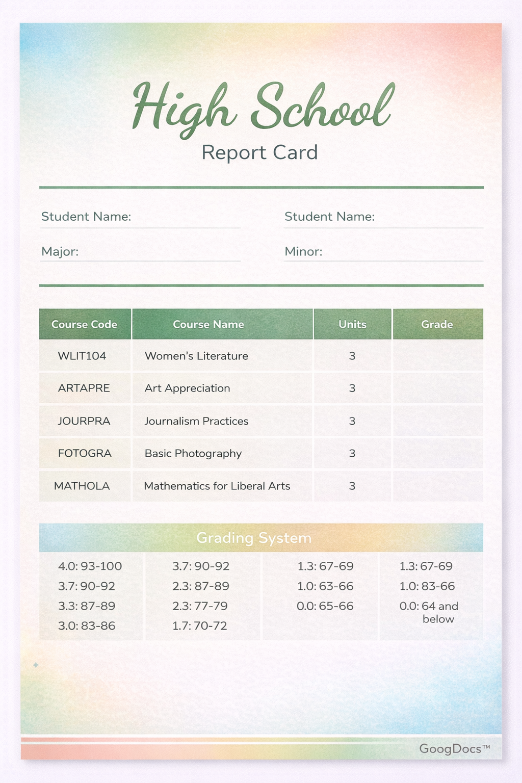 High School Report Card - Free Reports Template for Google Slides