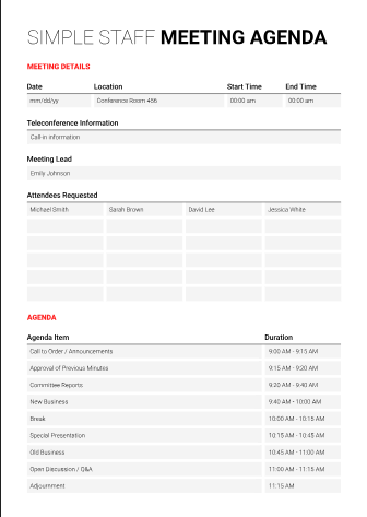 Staff Meeting Agenda - Free Meeting Agendas Template for Google Docs