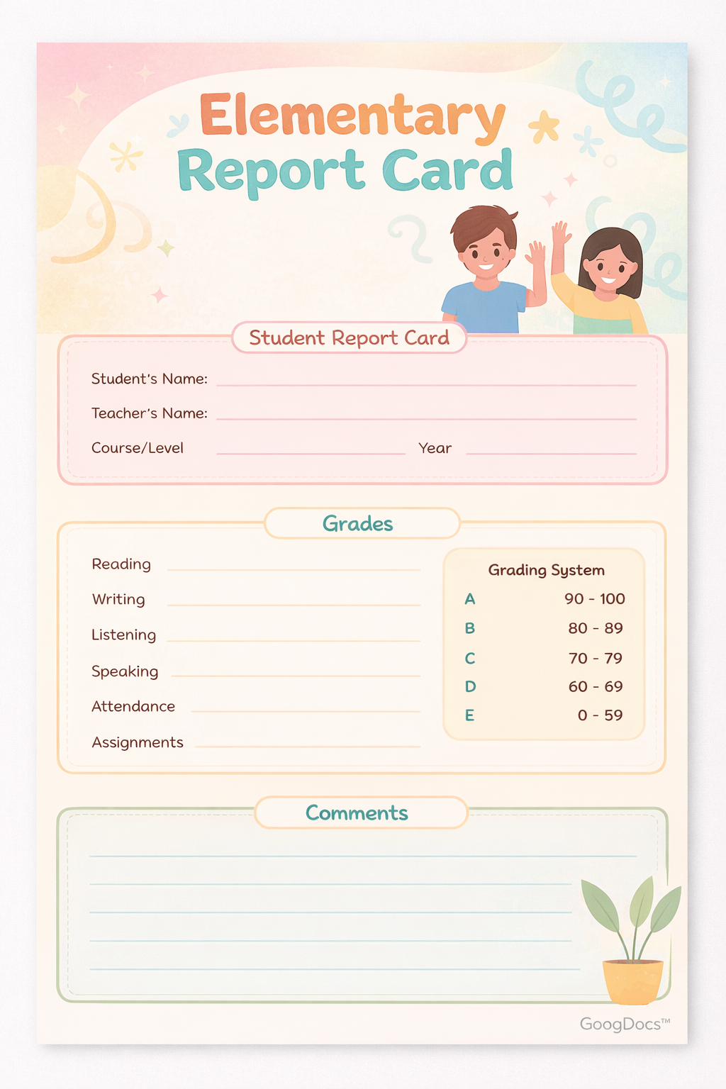 Elementary Report Card - Free Reports Template for Google Slides