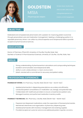 Pharmacy Intern CV Pharmacy Intern CV - Free CVs Template for Google Docs