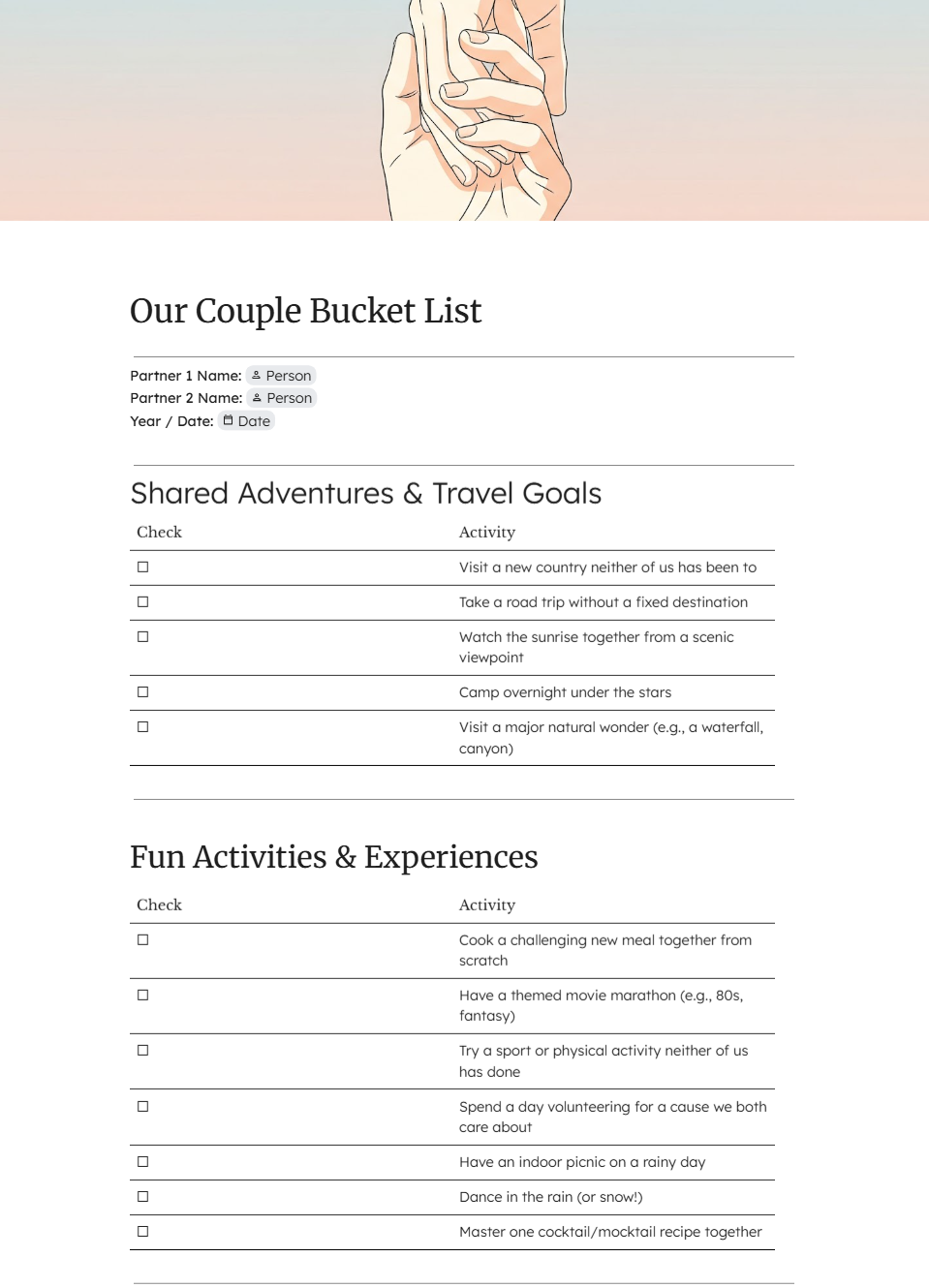Couple Bucket Checklist - Free Checklists Template for Google Docs