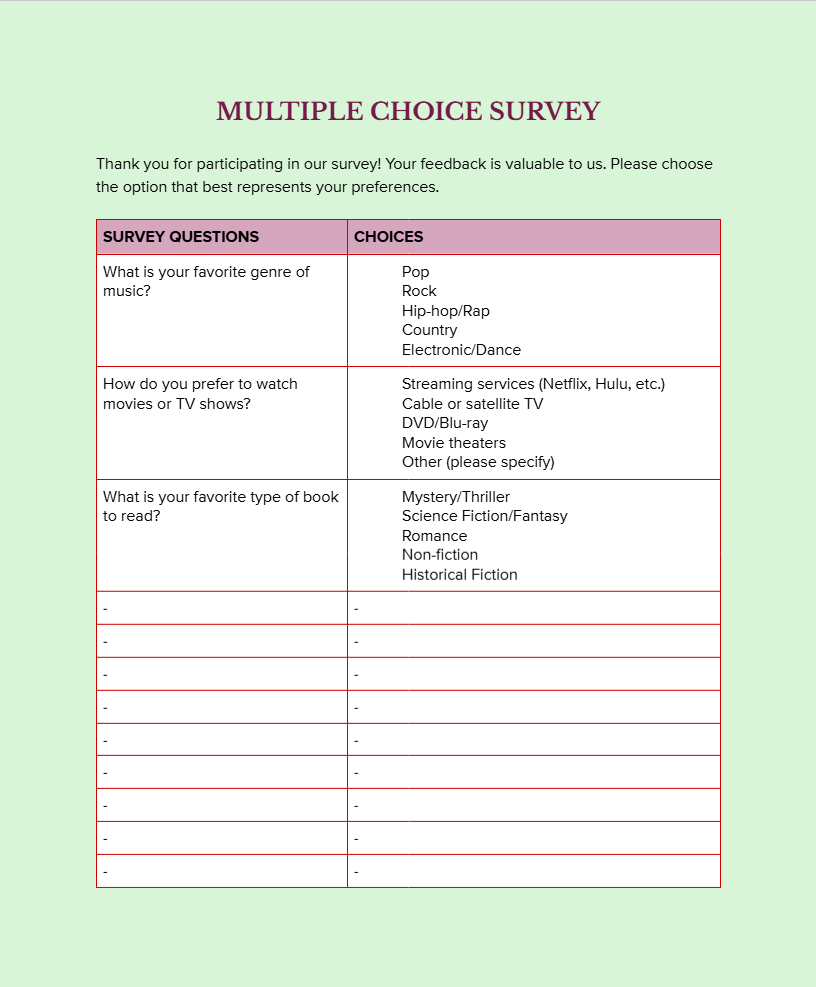 Multiple Choice Question Multiple Choice Question - Free Surveys Template for Google Docs