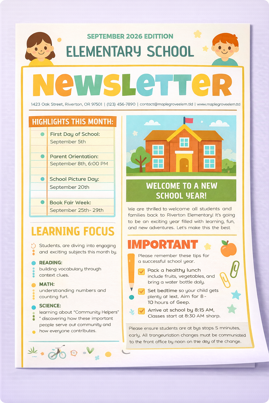 Elementary School Newsletter - Free Newsletters Template for Google Slides