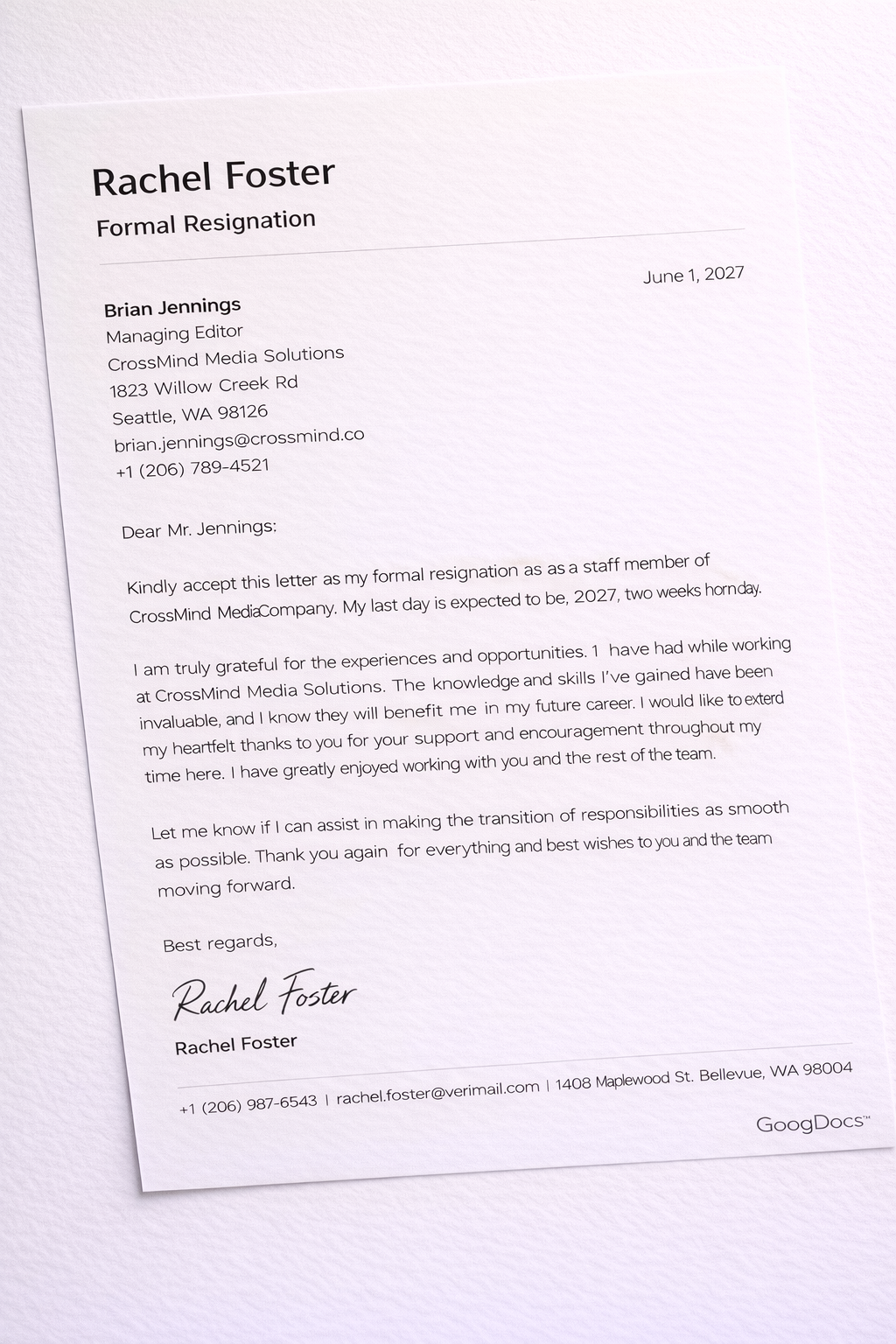 Employee Resignation Letter - Free Letters Template for Google Slides