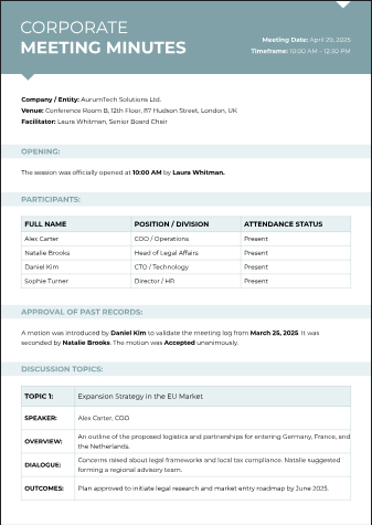 Corporate Meeting Minutes - Free Meeting Agendas Template for Google Docs