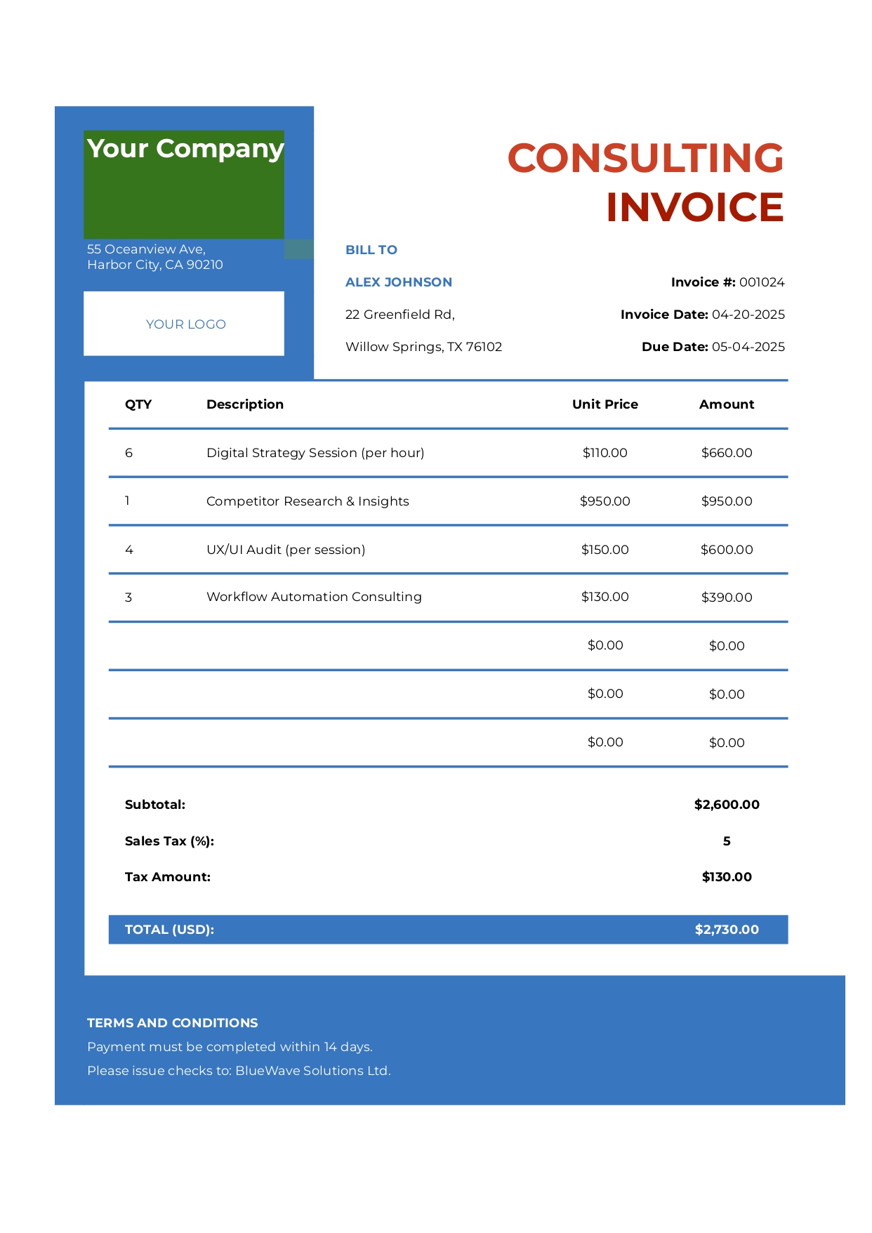 Consulting Invoice - Free Invoices Template for Google Slides