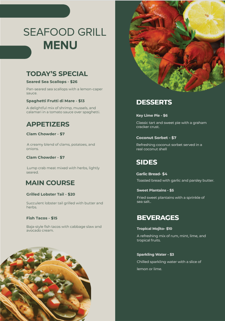 Seafood Cafe Menu - Free Menus Template for Google Docs