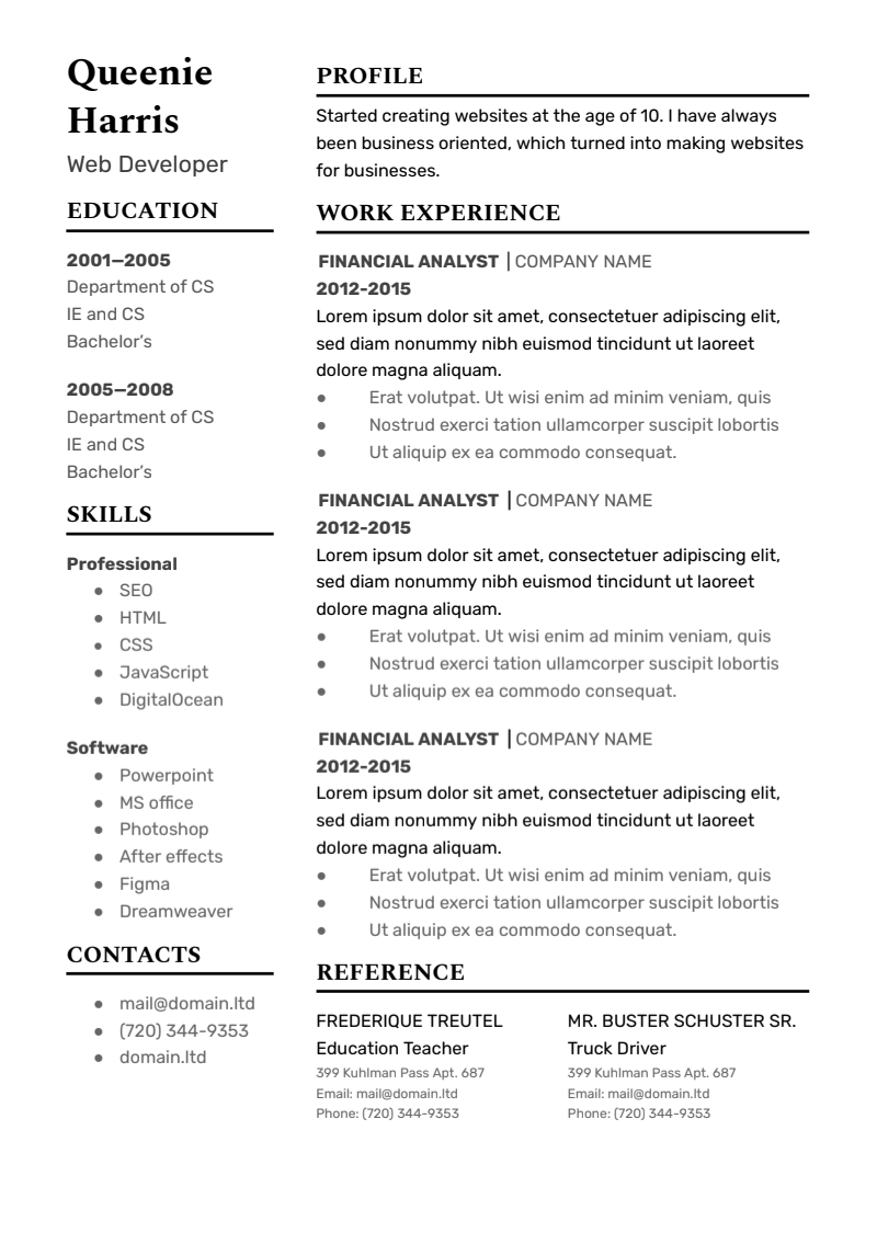 Web Developer - Free Resumes Template for Google Docs